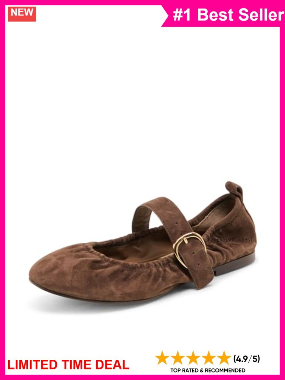 Suede Ballet Flats with Mary Jane Strap and Gold Buckle